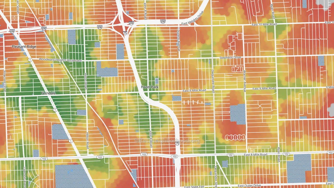 Walk Grade map of 48030, MI, walkable areas in green and car-dependent areas in red