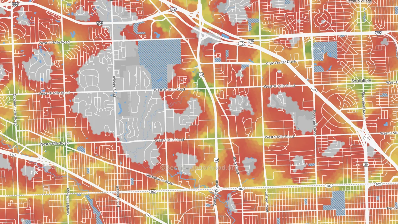 Walk Grade map of 48033, MI, walkable areas in green and car-dependent areas in red