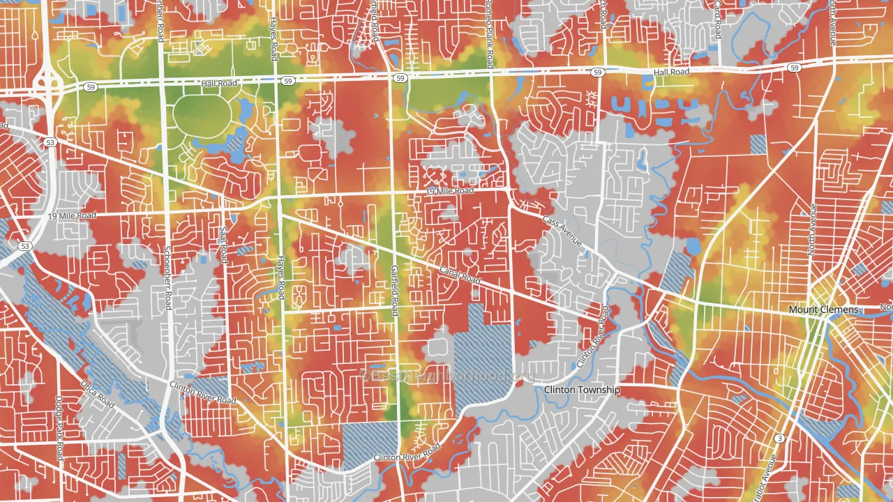 Walk Grade map of 48038, MI, walkable areas in green and car-dependent areas in red