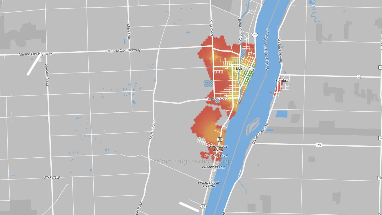 Walk Grade map of 48039, MI, walkable areas in green and car-dependent areas in red