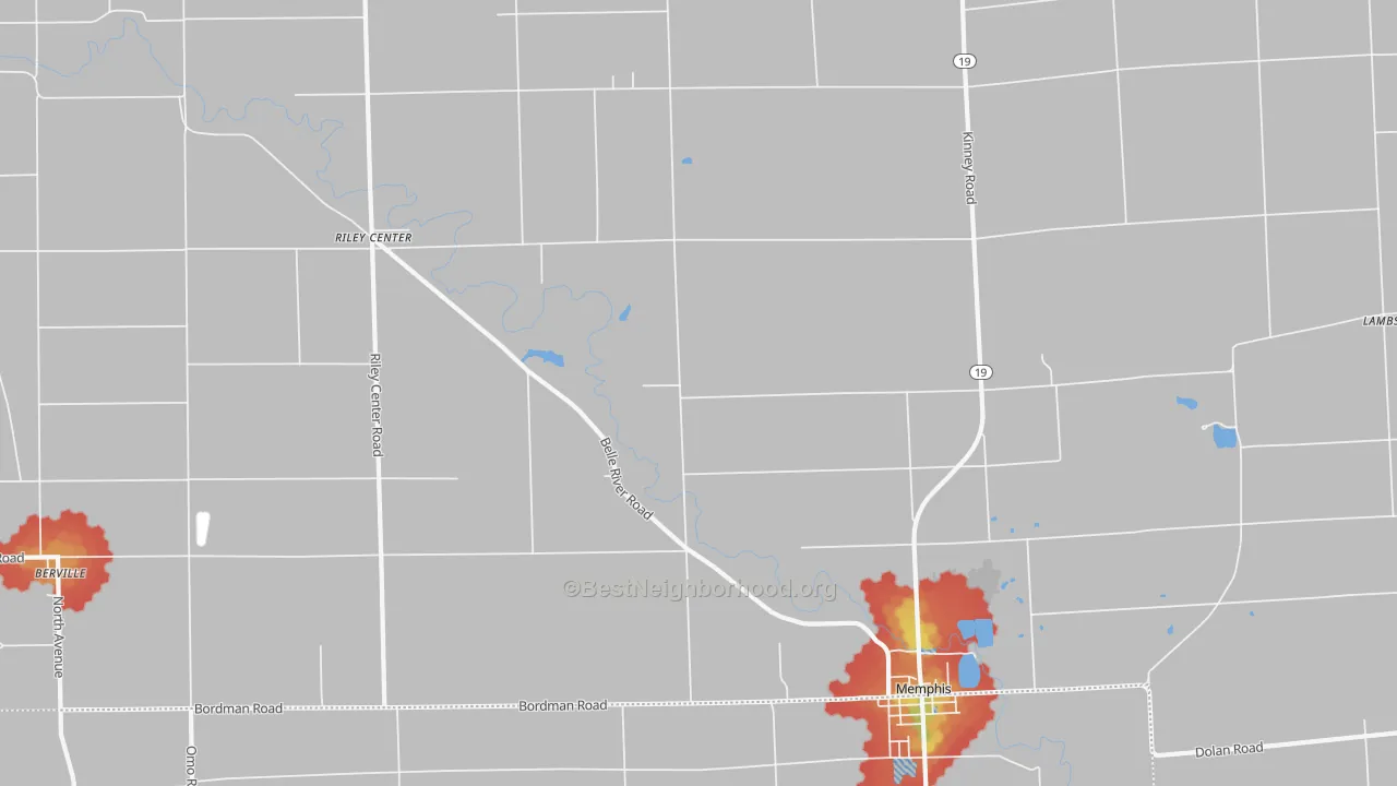 Walk Grade map of 48041, MI, walkable areas in green and car-dependent areas in red