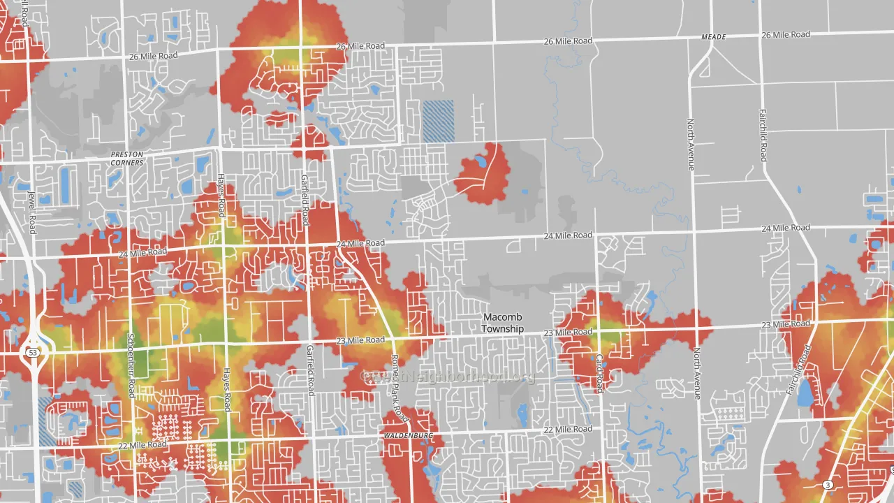 Walk Grade map of 48042, MI, walkable areas in green and car-dependent areas in red