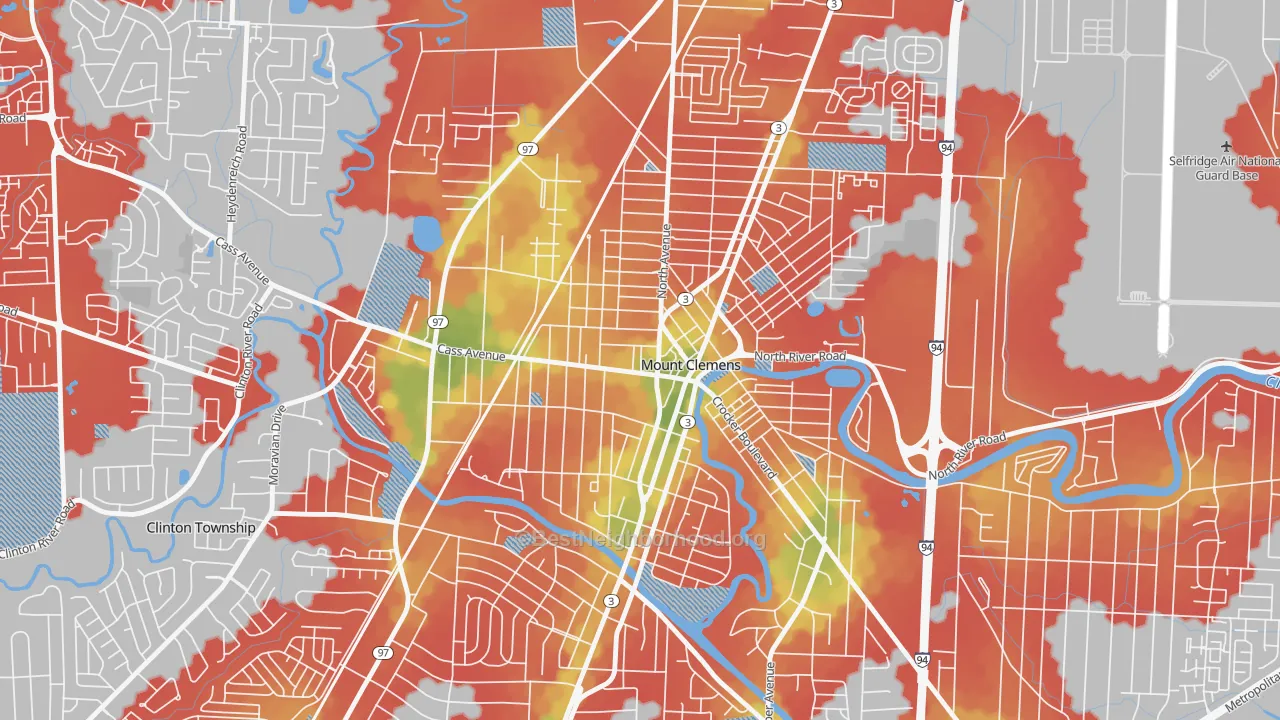 Walk Grade map of 48043, MI, walkable areas in green and car-dependent areas in red