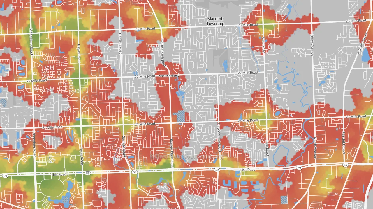 Walk Grade map of 48044, MI, walkable areas in green and car-dependent areas in red