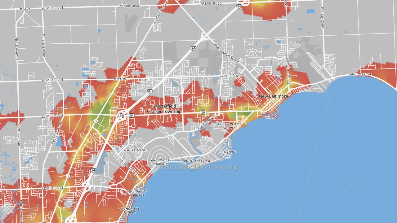 Walk Grade map of 48047, MI, walkable areas in green and car-dependent areas in red
