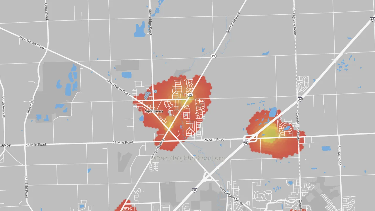 Walk Grade map of 48048, MI, walkable areas in green and car-dependent areas in red