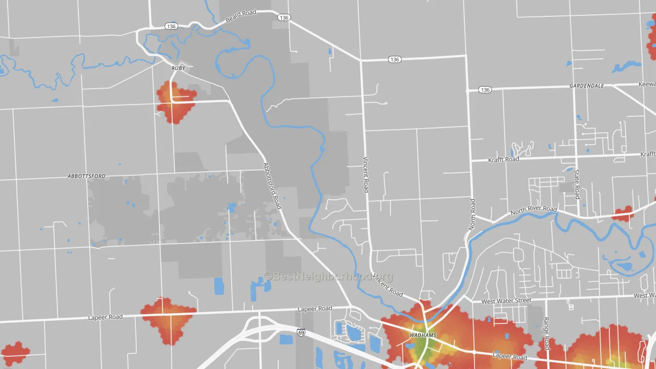 Walk Grade map of 48049, MI, walkable areas in green and car-dependent areas in red