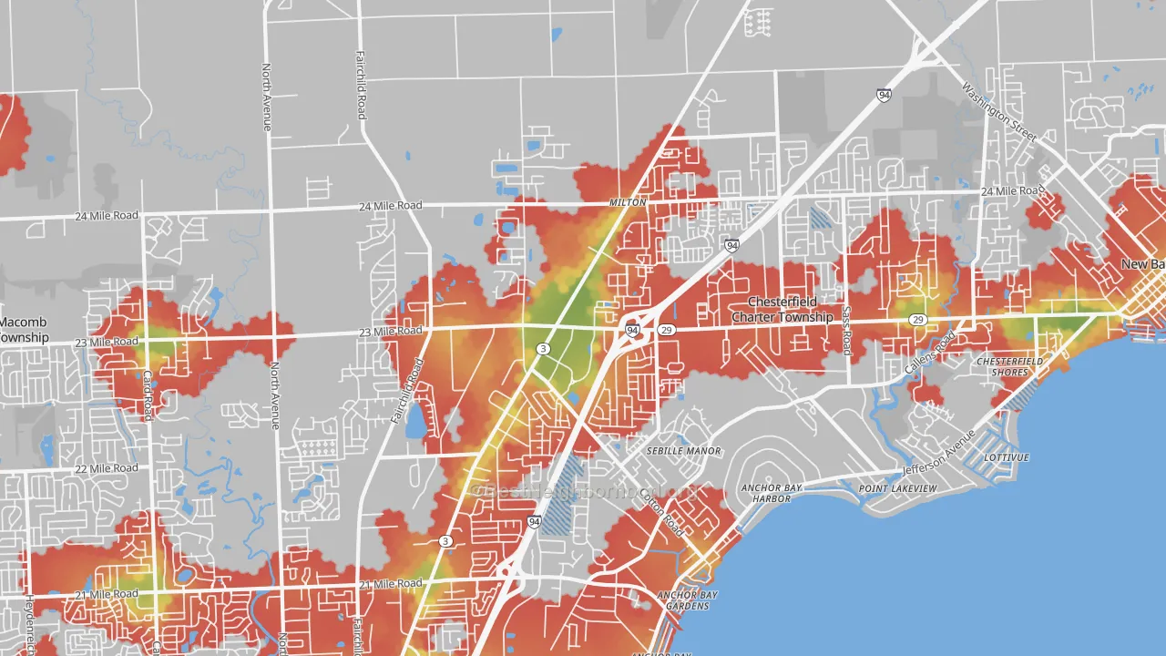 Walk Grade map of 48051, MI, walkable areas in green and car-dependent areas in red