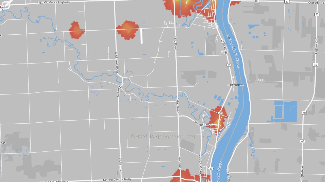 Walk Grade map of 48054, MI, walkable areas in green and car-dependent areas in red