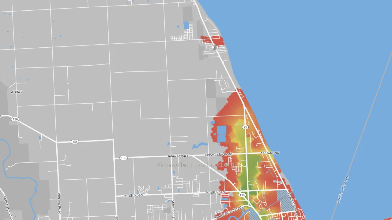 Walk Grade map of 48059, MI, walkable areas in green and car-dependent areas in red