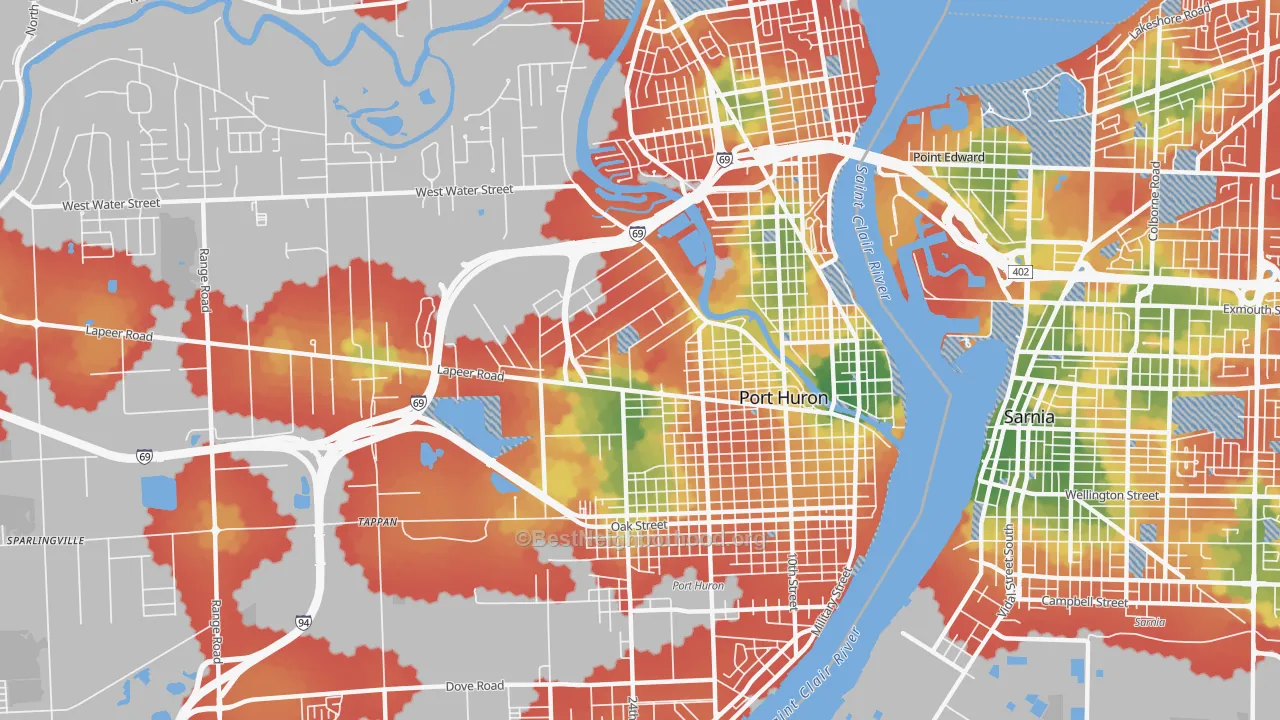 Walk Grade map of 48060, MI, walkable areas in green and car-dependent areas in red