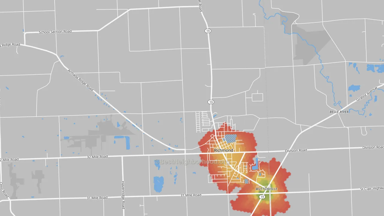 Walk Grade map of 48062, MI, walkable areas in green and car-dependent areas in red