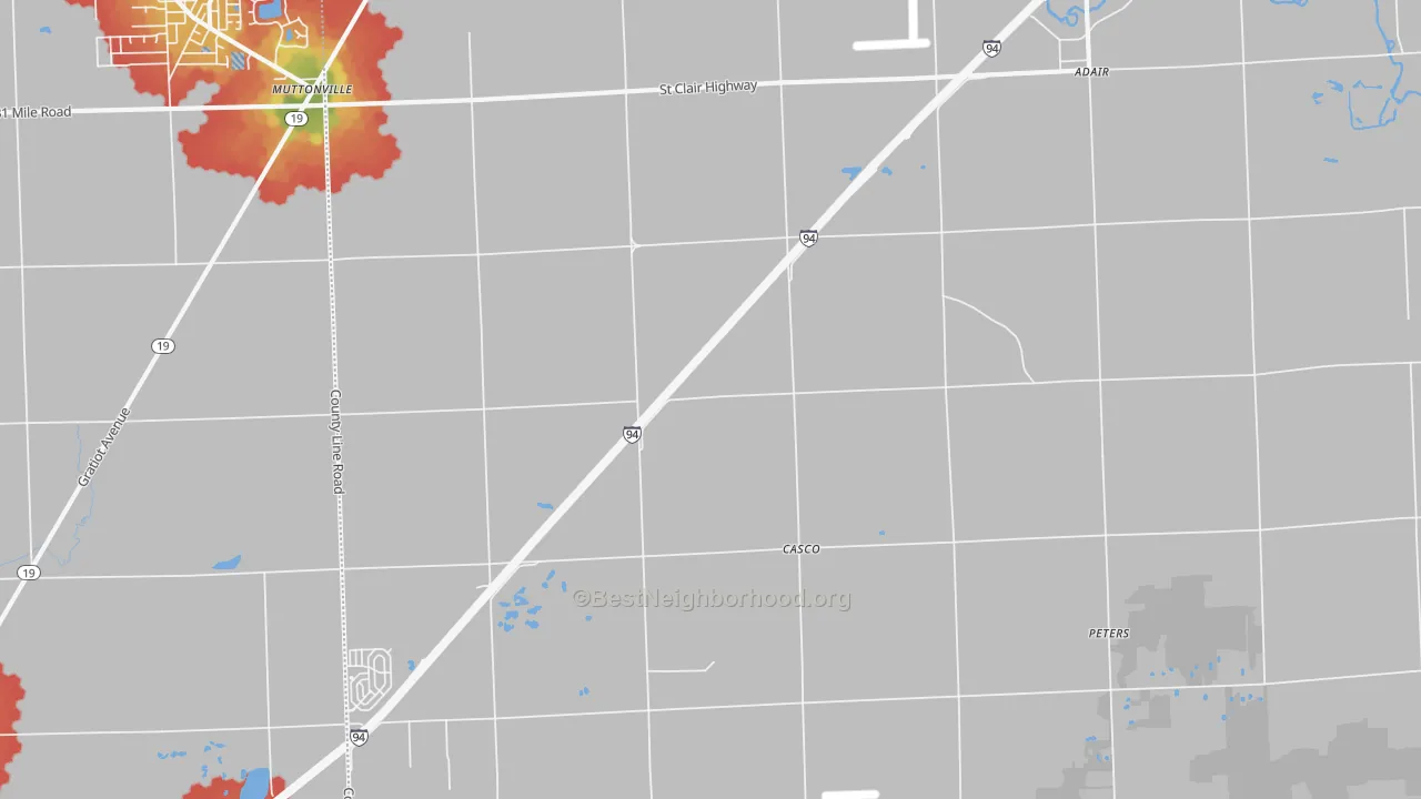 Walk Grade map of 48064, MI, walkable areas in green and car-dependent areas in red