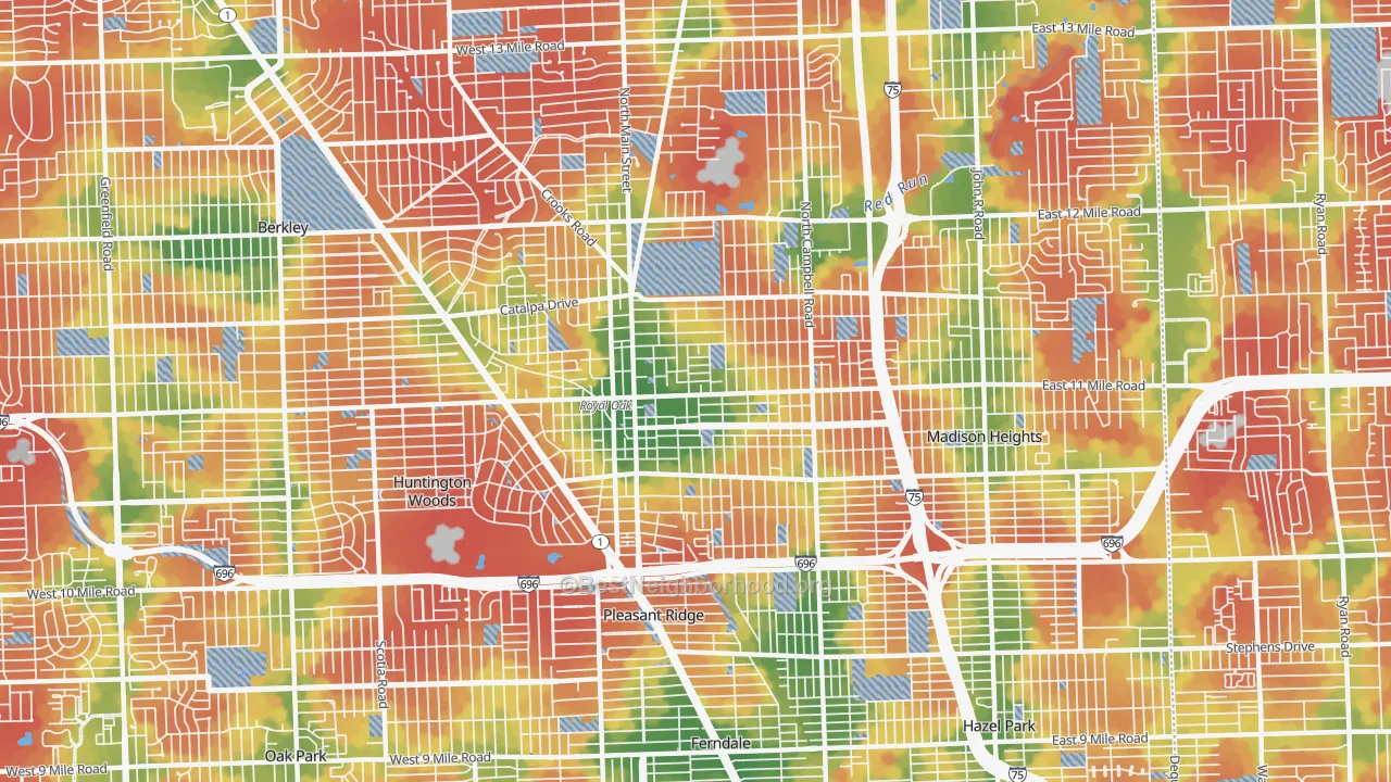 Walk Grade map of 48067, MI, walkable areas in green and car-dependent areas in red