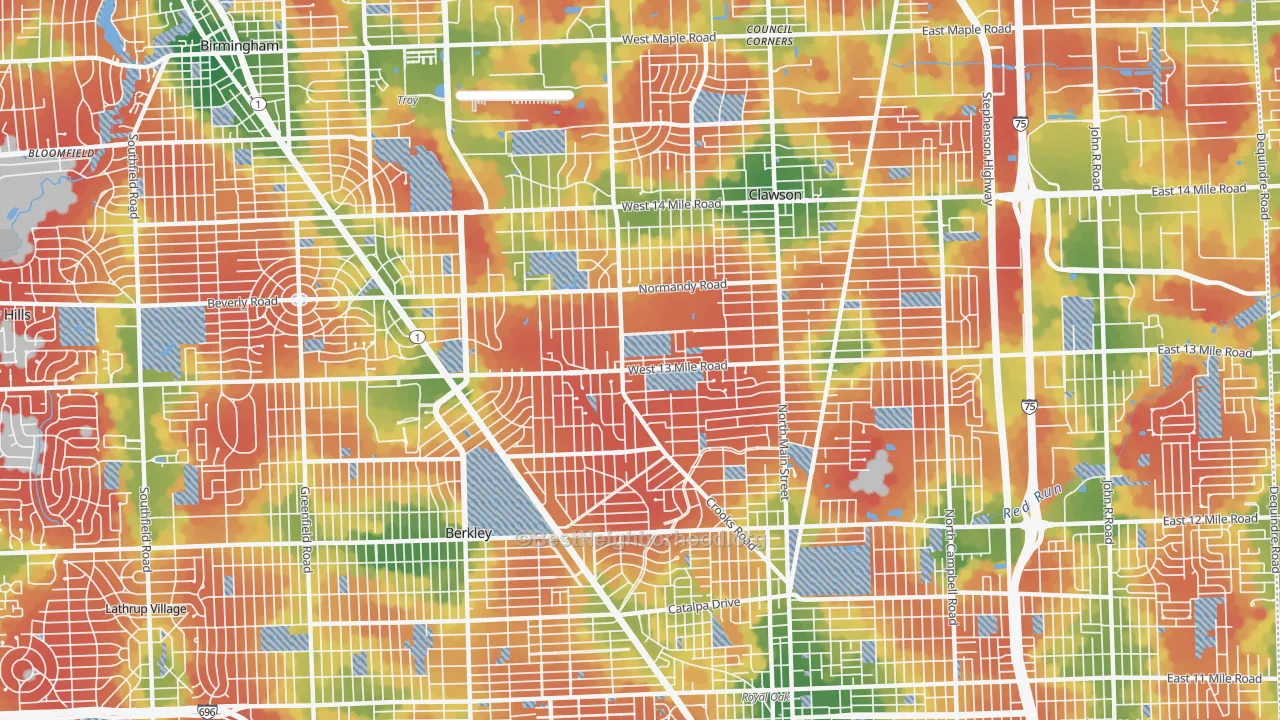 Walk Grade map of 48073, MI, walkable areas in green and car-dependent areas in red