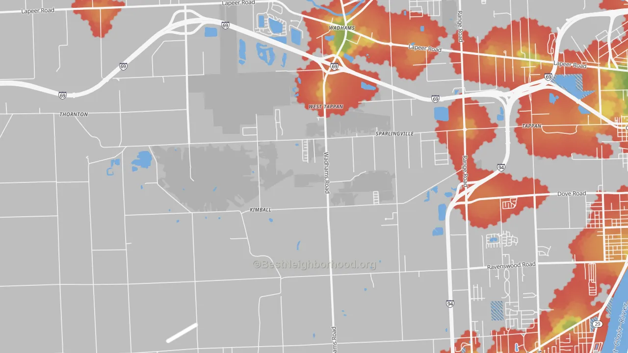 Walk Grade map of 48074, MI, walkable areas in green and car-dependent areas in red