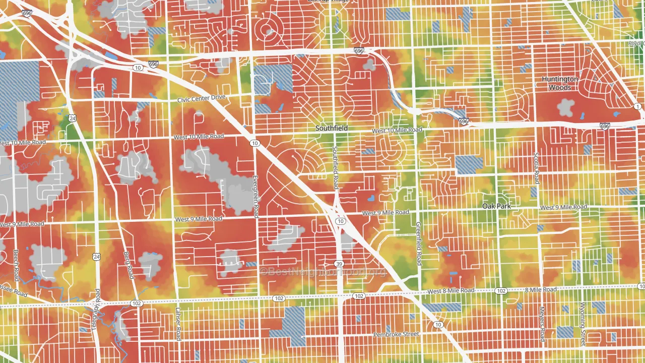 Walk Grade map of 48075, MI, walkable areas in green and car-dependent areas in red
