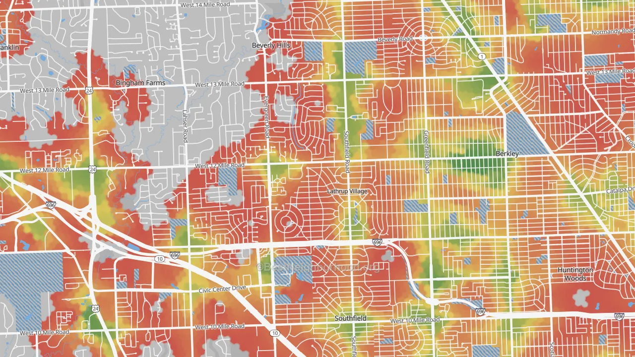 Walk Grade map of 48076, MI, walkable areas in green and car-dependent areas in red