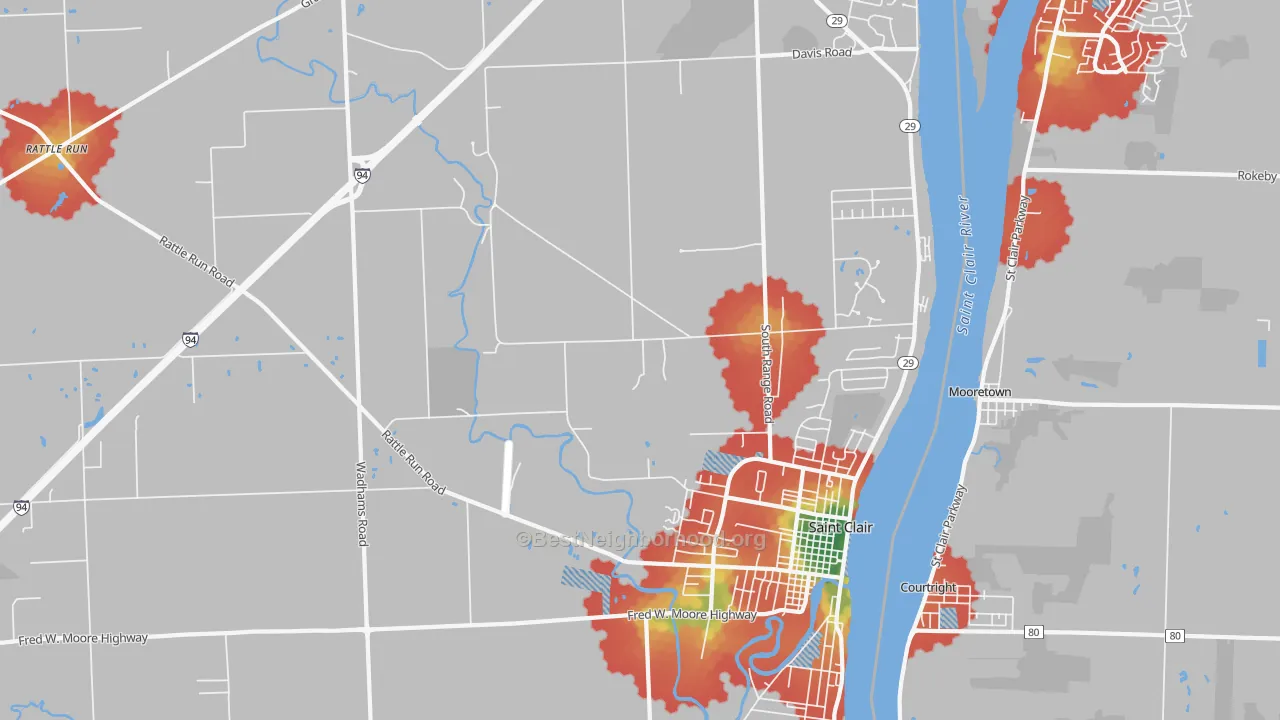 Walk Grade map of 48079, MI, walkable areas in green and car-dependent areas in red