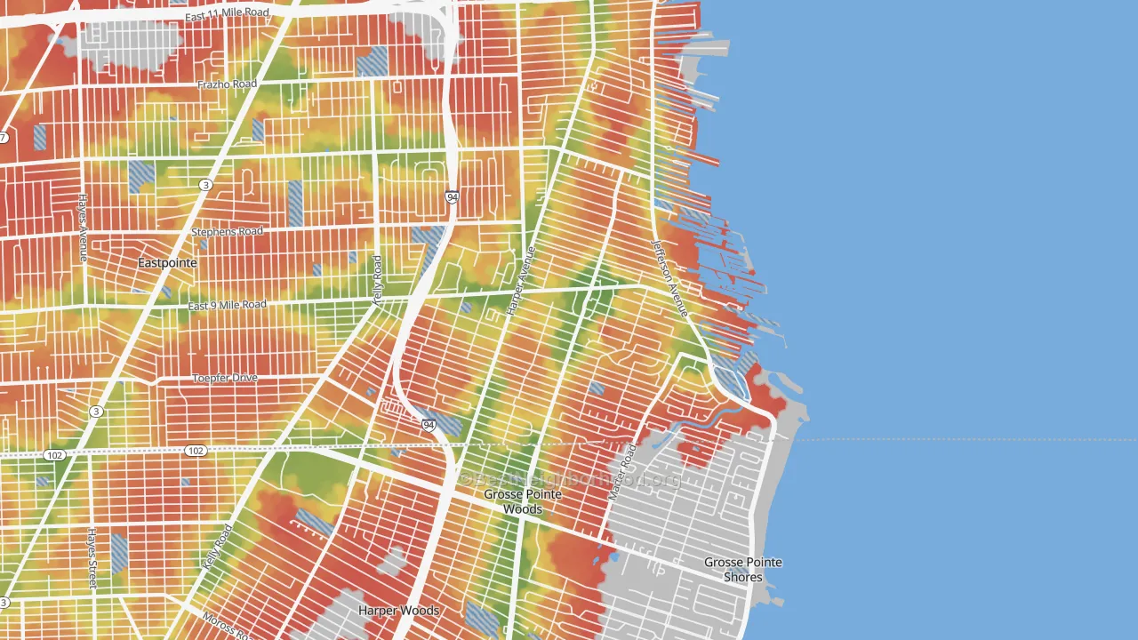Walk Grade map of 48080, MI, walkable areas in green and car-dependent areas in red