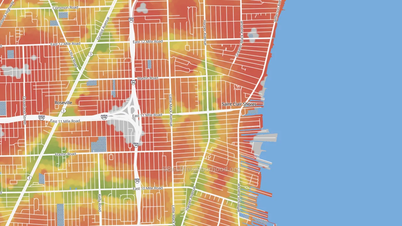 Walk Grade map of 48081, MI, walkable areas in green and car-dependent areas in red