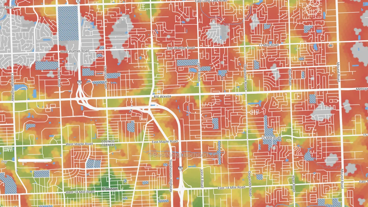 Walk Grade map of 48083, MI, walkable areas in green and car-dependent areas in red