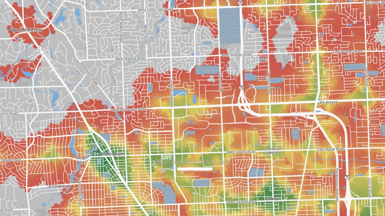 Walk Grade map of 48084, MI, walkable areas in green and car-dependent areas in red