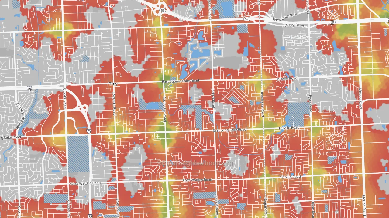 Walk Grade map of 48085, MI, walkable areas in green and car-dependent areas in red