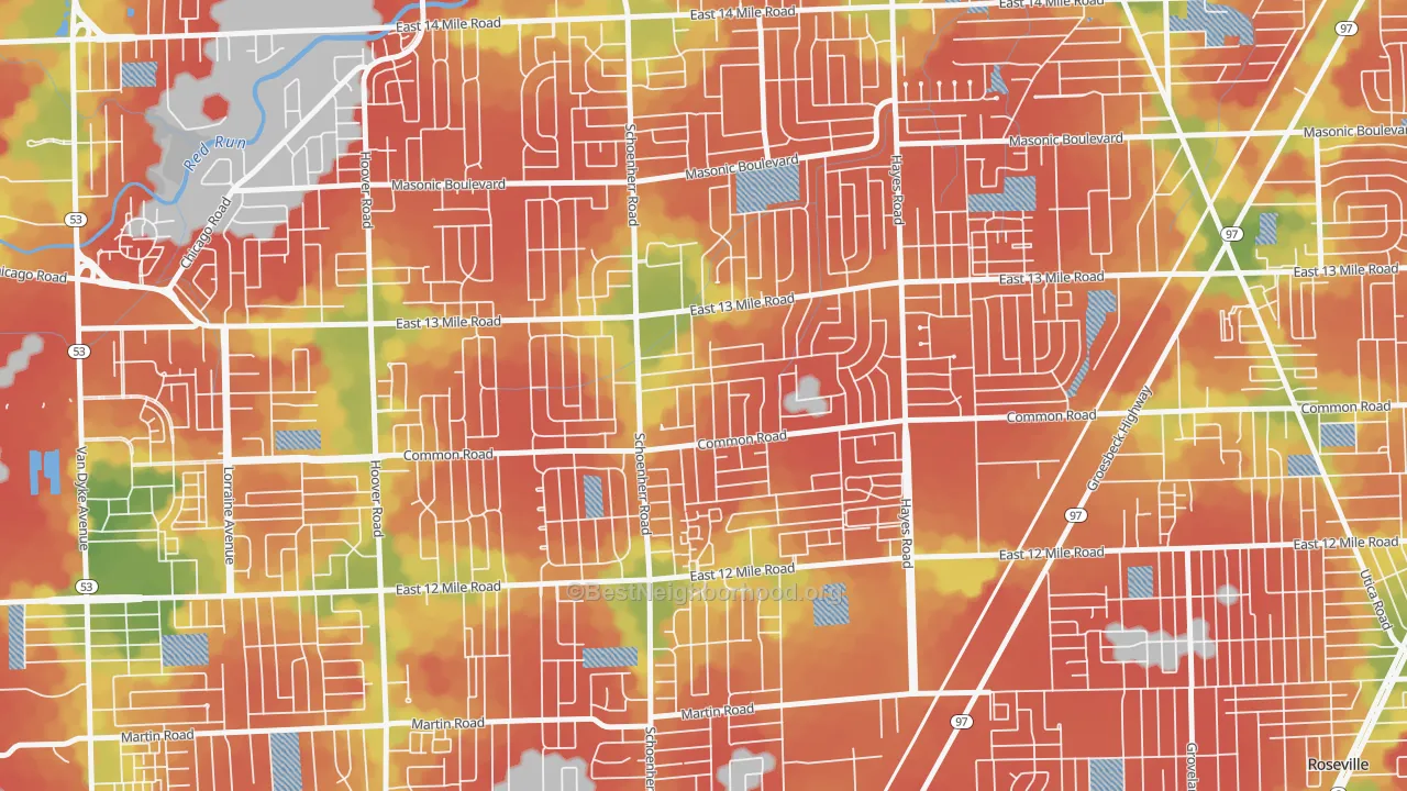 Walk Grade map of 48088, MI, walkable areas in green and car-dependent areas in red