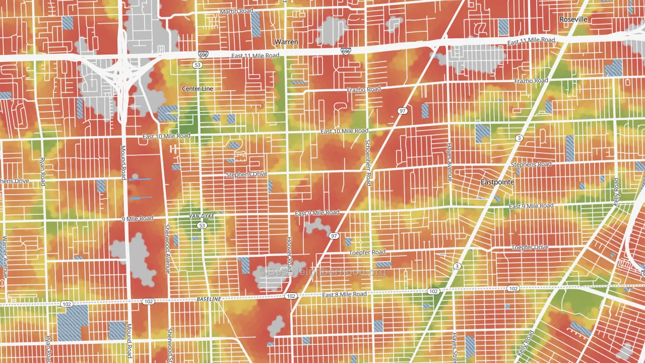 Walk Grade map of 48089, MI, walkable areas in green and car-dependent areas in red