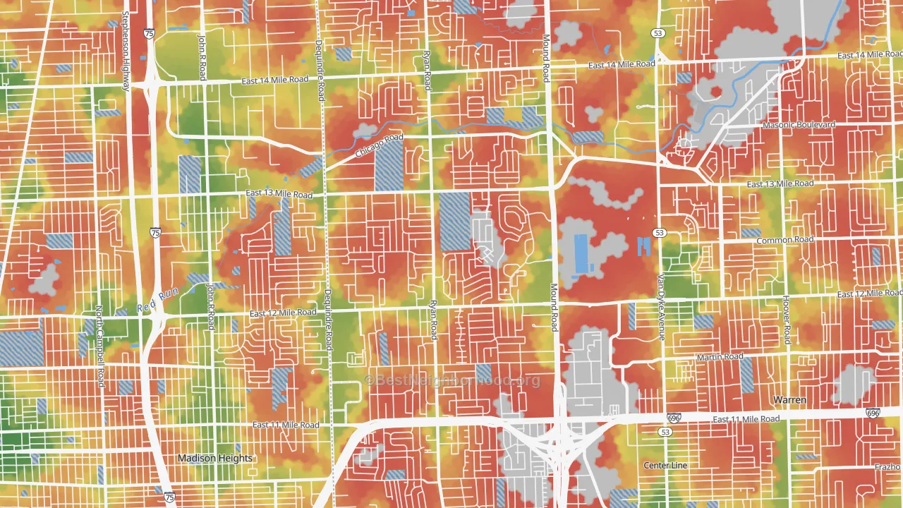 Walk Grade map of 48092, MI, walkable areas in green and car-dependent areas in red