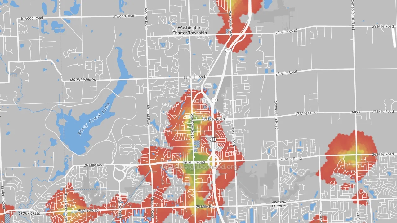 Walk Grade map of 48094, MI, walkable areas in green and car-dependent areas in red