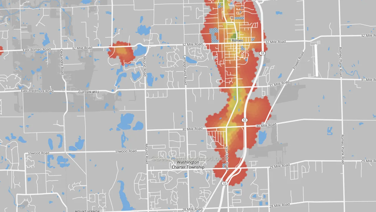 Walk Grade map of 48095, MI, walkable areas in green and car-dependent areas in red