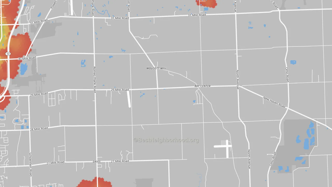 Walk Grade map of 48096, MI, walkable areas in green and car-dependent areas in red