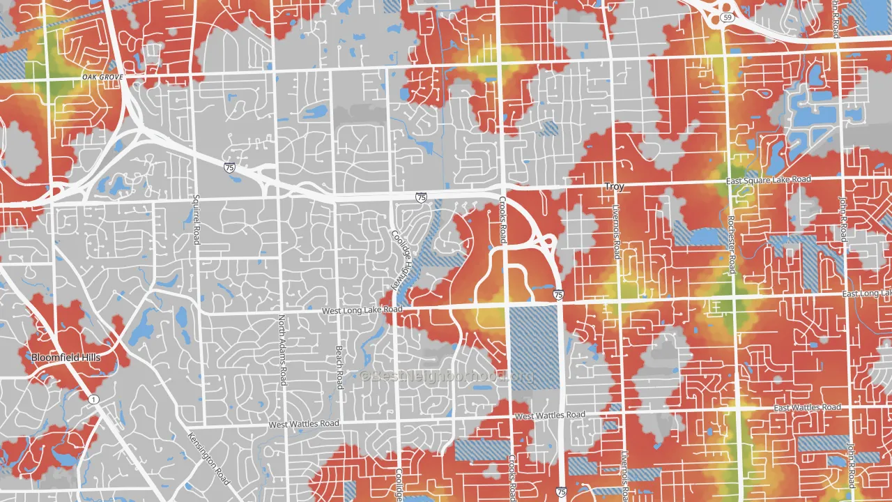 Walk Grade map of 48098, MI, walkable areas in green and car-dependent areas in red