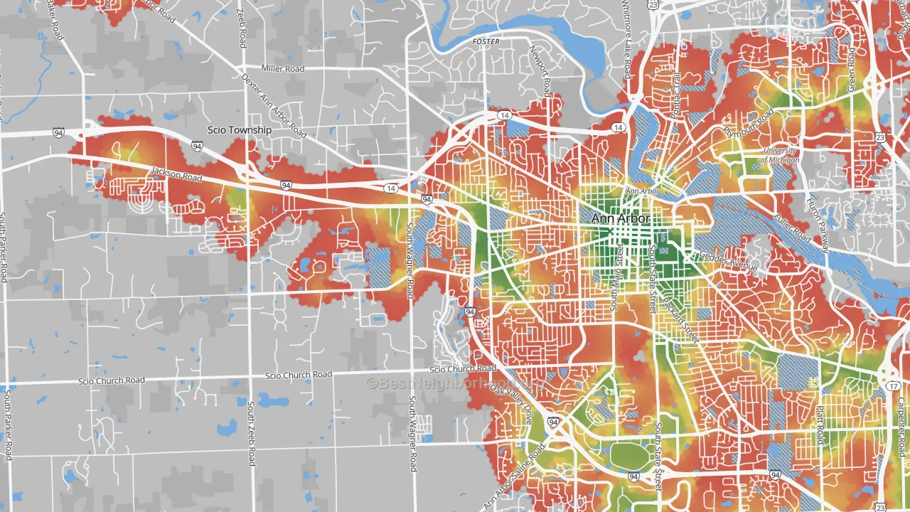 Walk Grade map of 48103, MI, walkable areas in green and car-dependent areas in red