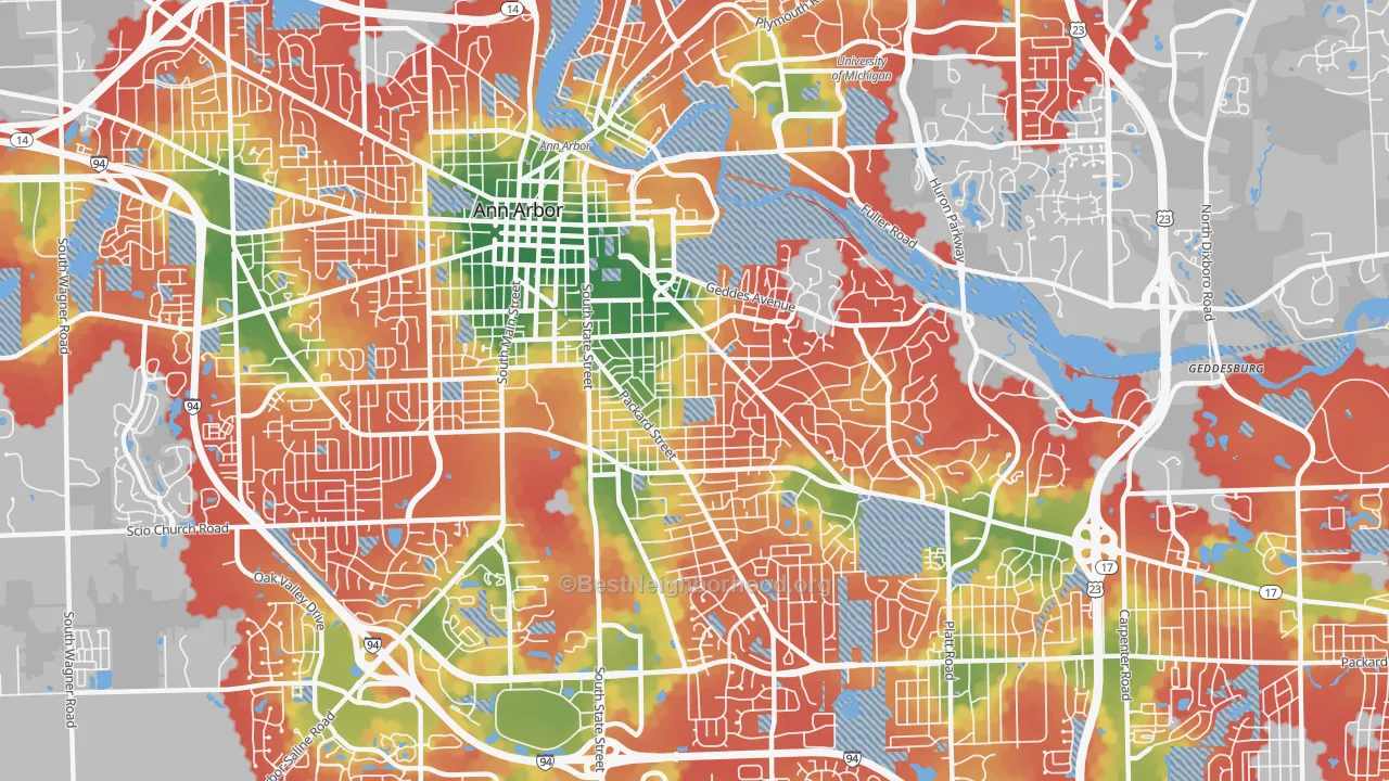 Walk Grade map of 48104, MI, walkable areas in green and car-dependent areas in red