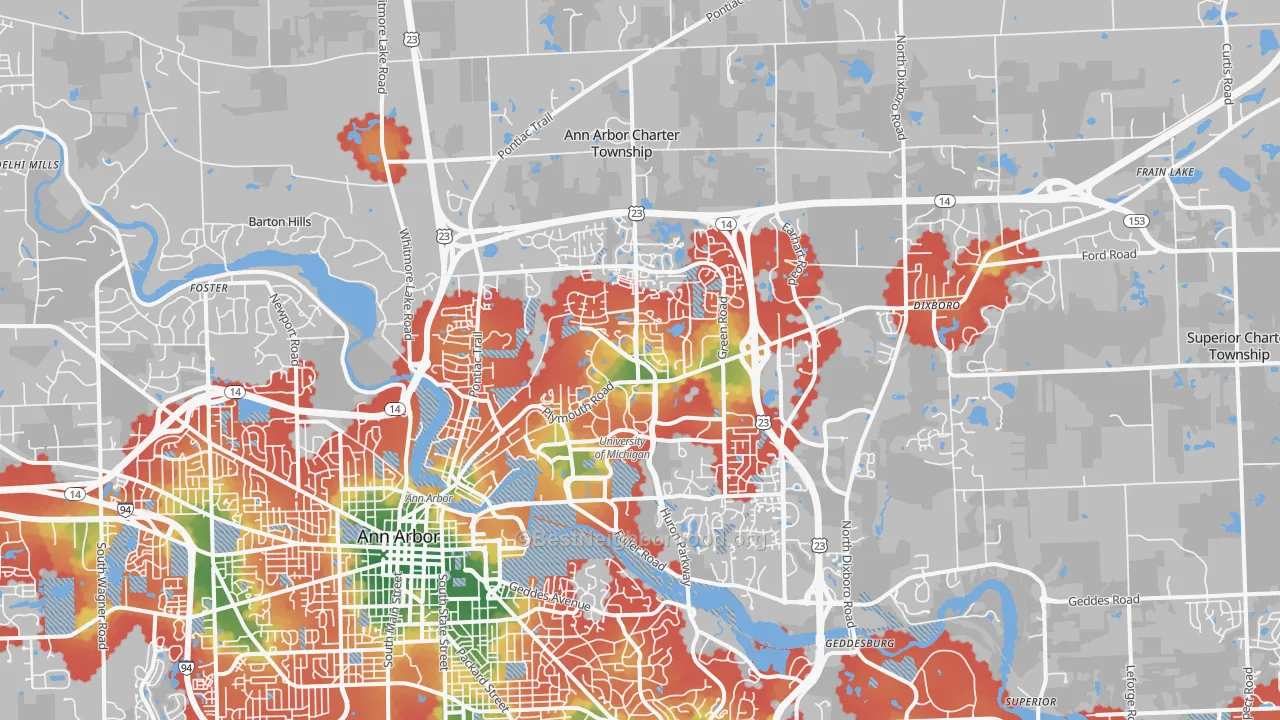 Walk Grade map of 48105, MI, walkable areas in green and car-dependent areas in red
