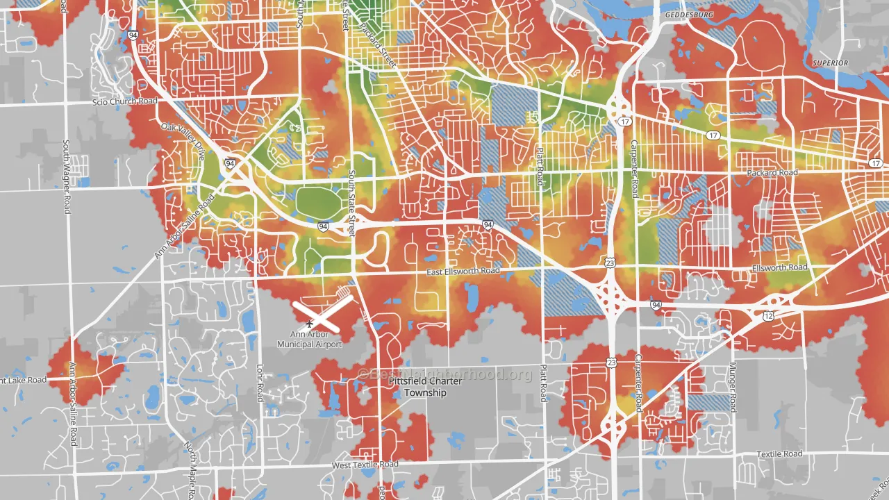 Walk Grade map of 48108, MI, walkable areas in green and car-dependent areas in red