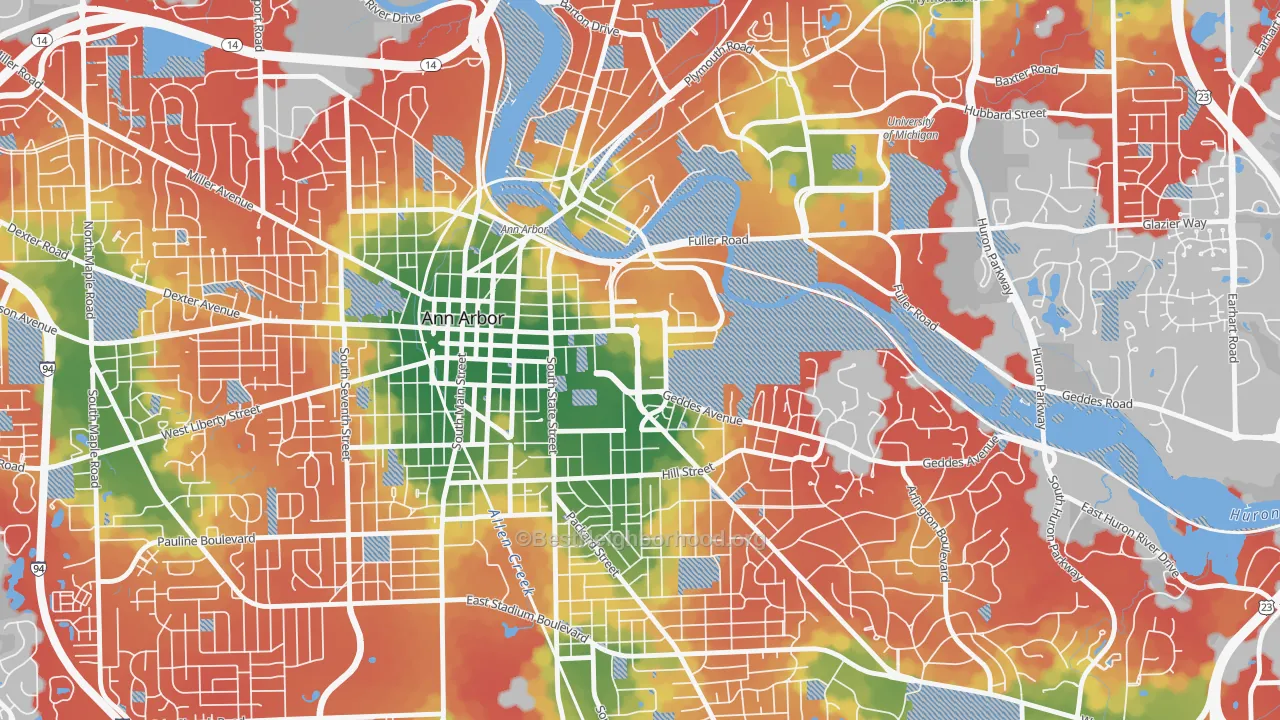 Walk Grade map of 48109, MI, walkable areas in green and car-dependent areas in red