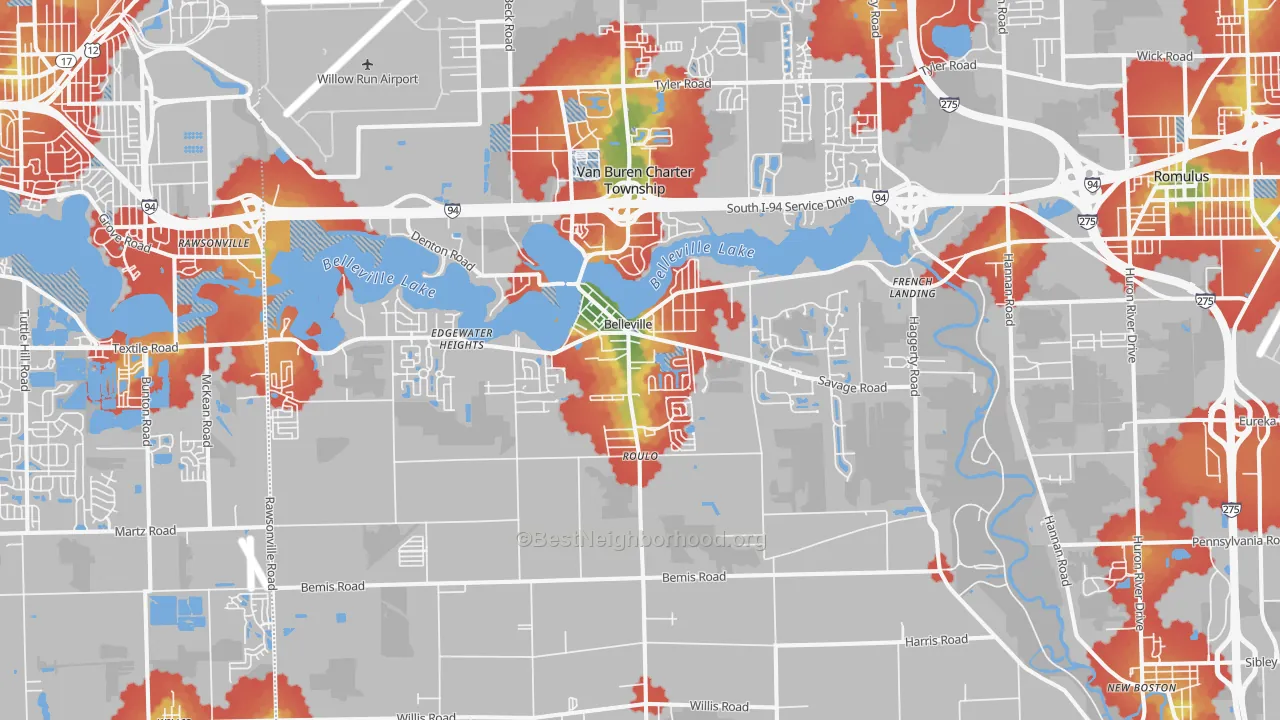 Walk Grade map of 48111, MI, walkable areas in green and car-dependent areas in red