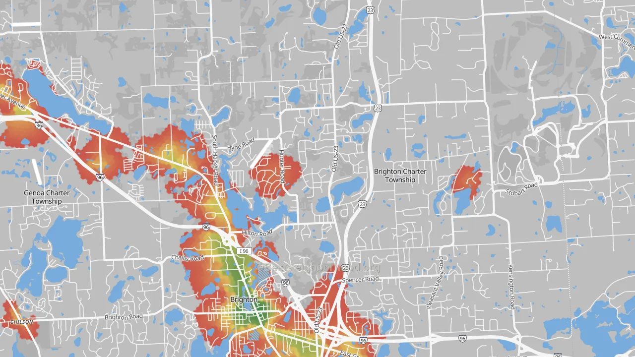 Walk Grade map of 48114, MI, walkable areas in green and car-dependent areas in red