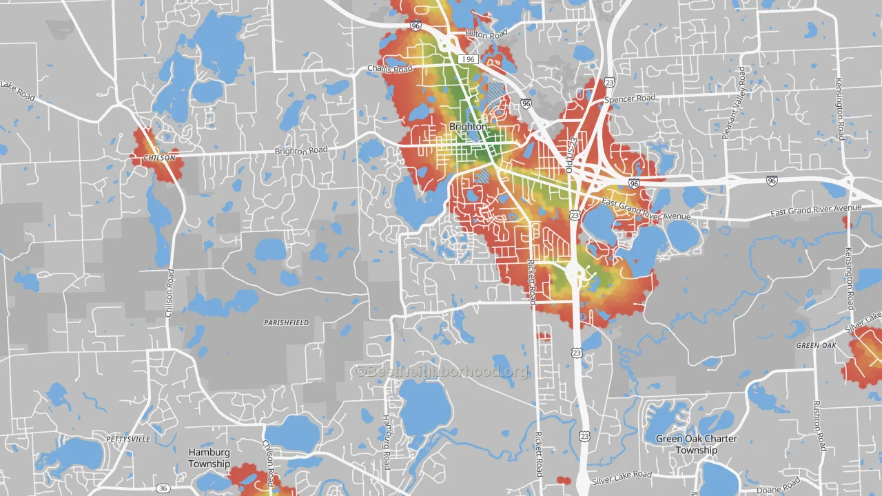 Walk Grade map of 48116, MI, walkable areas in green and car-dependent areas in red