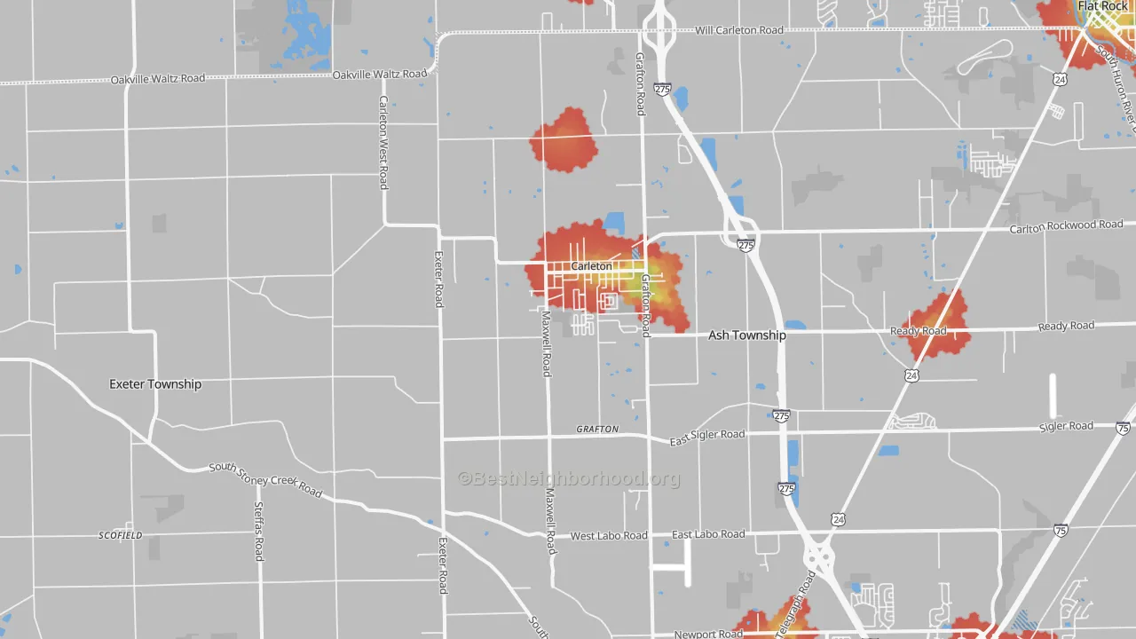 Walk Grade map of 48117, MI, walkable areas in green and car-dependent areas in red