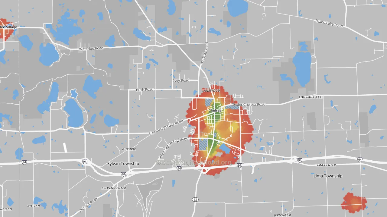 Walk Grade map of 48118, MI, walkable areas in green and car-dependent areas in red