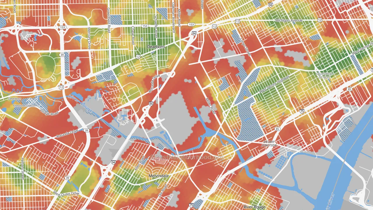 Walk Grade map of 48120, MI, walkable areas in green and car-dependent areas in red