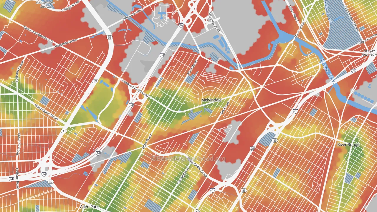Walk Grade map of 48122, MI, walkable areas in green and car-dependent areas in red