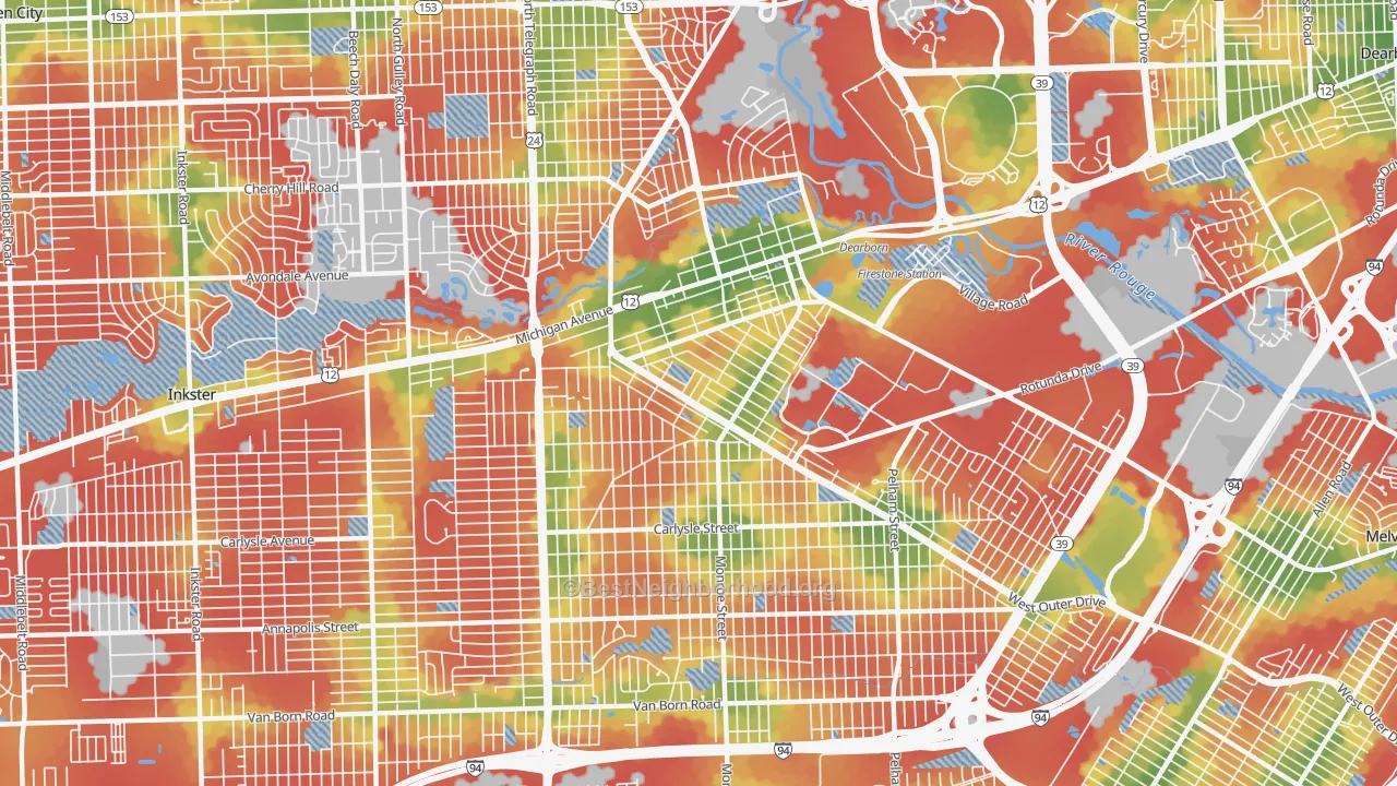 Walk Grade map of 48124, MI, walkable areas in green and car-dependent areas in red