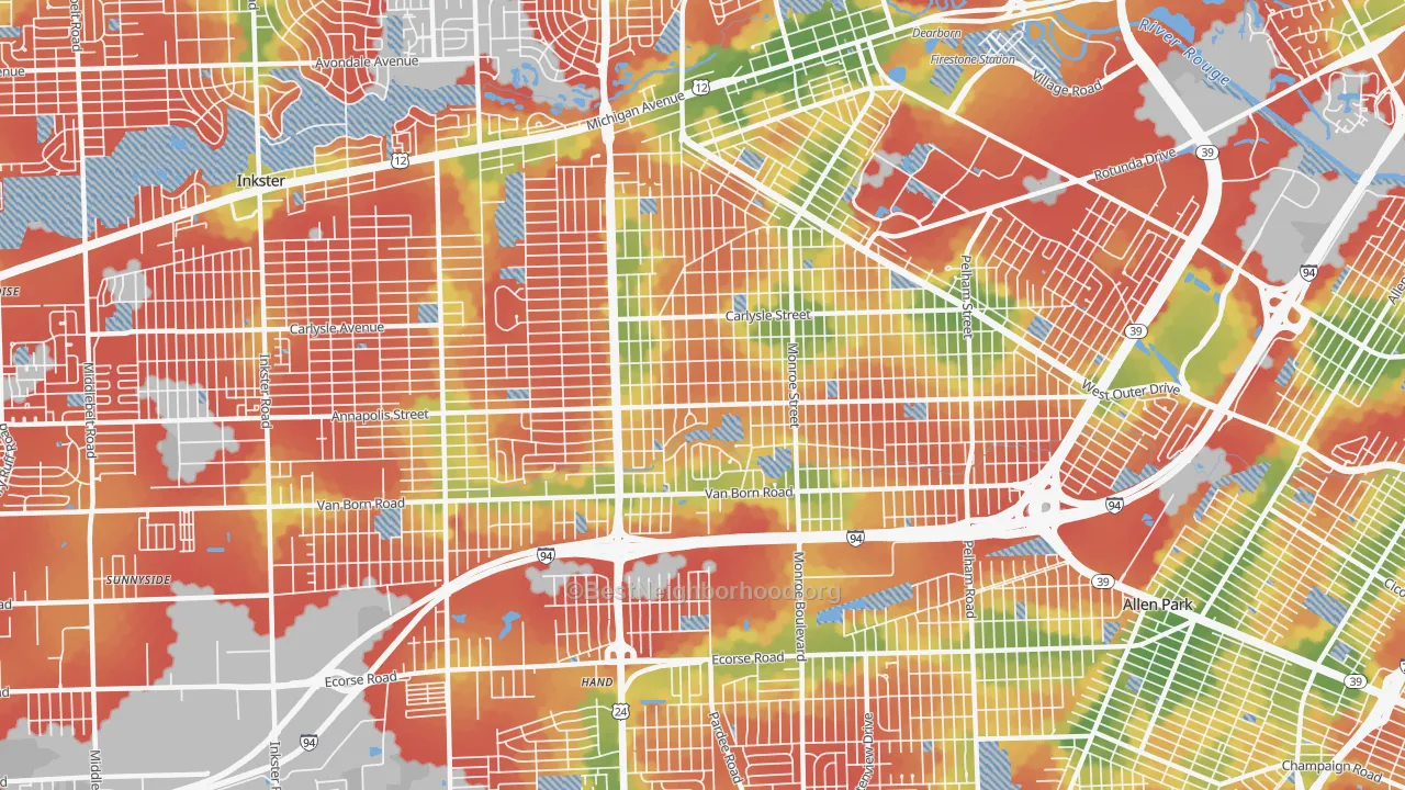 Walk Grade map of 48125, MI, walkable areas in green and car-dependent areas in red