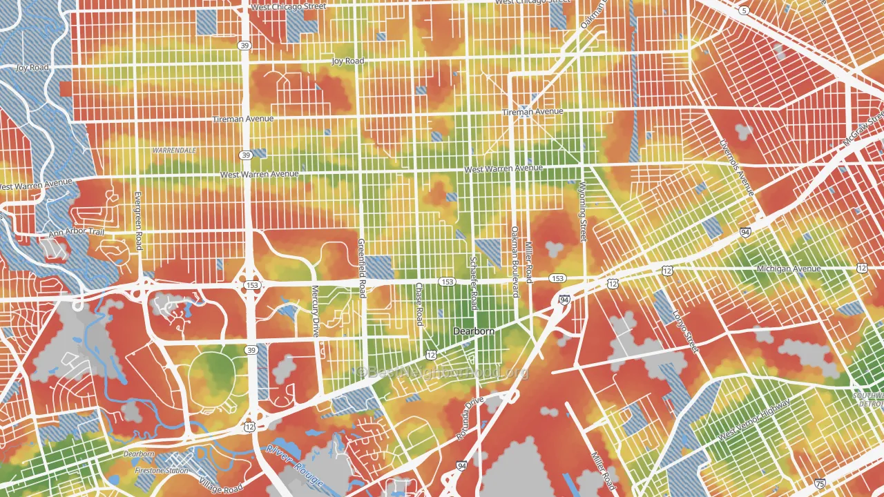 Walk Grade map of 48126, MI, walkable areas in green and car-dependent areas in red